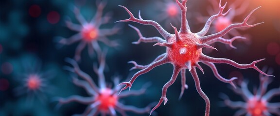 Poster - 3D illustration of neuron. Reddish-pink neuron structure with extensions. Neuron processes appear complex, intricate. Focus on detailed processes of neuron. Microscopic view shows complex network.