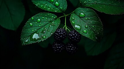 Wall Mural - Dew-kissed blackberries on lush green leaves.