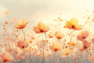 Aufkleber - A dreamy field of translucent pastel orange poppies basking in gentle sunlight, creating a heavenly and serene atmosphere reminiscent of peaceful summer days.