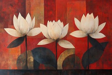Poster - A stunning artistic depiction of lotus flowers, presented on an abstract and textured backdrop in warm hues, symbolizing purity and spiritual tranquility.