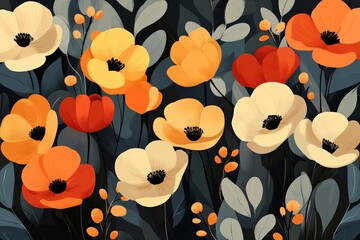Aufkleber - An artistic display of vivid orange and yellow flowers set against a dark background, creating a striking contrast that evokes nature's beauty in full bloom.