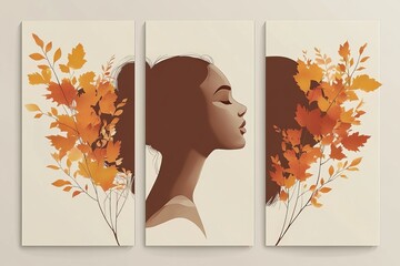 Aufkleber - A contemporary triptych art piece portraying abstract autumn leaves against a neutral background, symbolizing change and beauty through flowing lines and colors.