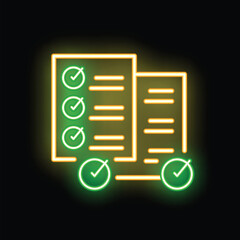 Poster - Glowing neon green check marks are validating items on a yellow clipboard checklist on a dark background