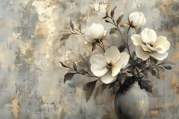 Leinwandbilder - A muted floral bouquet displayed in a vase, painted with soft, neutral tones on an abstract background, creating a calm and timeless aesthetic.