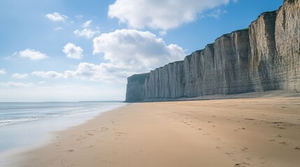 Endless sandy beach meets towering cliffs under bright blue sky