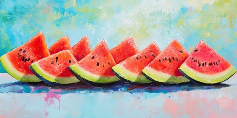 Sticker - Freshly sliced watermelon displayed on a vibrant background, showcasing the juicy and refreshing qualities of watermelon. Enjoy the delightful appeal of watermelon in every slice.