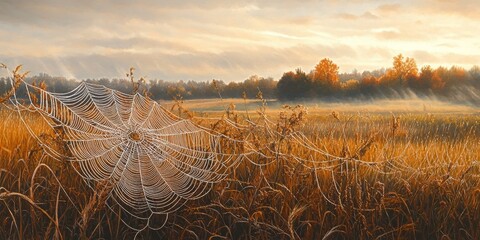Intricate spider web strands elegantly stretch across a vibrant autumn field, showcasing the delicate beauty of nature s design within the serene landscape of the autumn field.