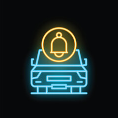 Poster - Neon glowing icon of a car with a notification bell above it on a black background, representing car alarm system or vehicle tracking app