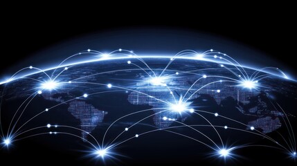 Poster - Global Network Connections Digital World Map Blue Glowing Lines