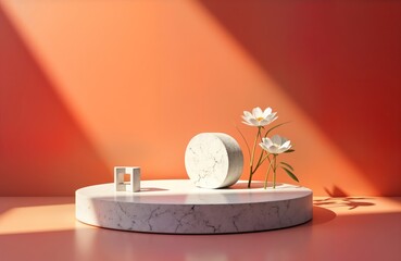 Poster - Minimalist product presentation podium. White geometric shapes, flowers on coral background. Soft shadows add depth. Modern design. Suitable for jewellery, skincare, perfume beauty product display.