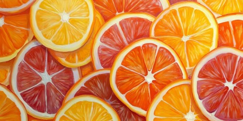 Poster - Vibrant orange slices create a colorful fruit pattern against a contrasting background, showcasing the freshness and vividness of the orange in this top down perspective.