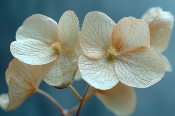 Aufkleber - Close-up of two delicate pale flowers with intricate vein patterns set against a soft, muted background, exuding a sense of tranquility and elegance.