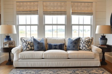 Poster - A sophisticated living room features a comfortable white couch with blue and white accent pillows, surrounded by windows that emit natural light and elegance.