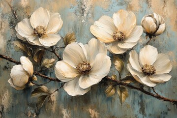 Aufkleber - A stunning art piece illustrating beautiful blossoms on a textured canvas, highlighting the interplay of light and shadow to create depth and visual interest.