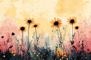 Poster - An abstract scene features sunflowers silhouetted against an expressive, textured background with warm hues of orange and yellow, evoking a sense of tranquility.
