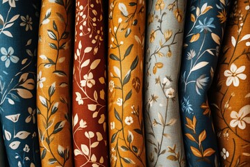 Poster - A collection of fabric rolls, each displaying unique floral patterns in varying colors, displayed in a row to show diverse artistic textile design elements.