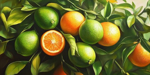 Canvas Print - Citrus fruits with vibrant colors, showcasing a lime and orange tree surrounded by lush green leaves, highlight the beauty of citrus fruits in a natural setting. Citrus fruits are truly refreshing.