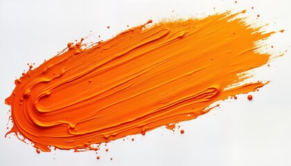 Poster - Thick orange acrylic paint stroke on white background. Bright orange paint lines, swirls create textured design. Small orange paint droplets scattered around stroke. Vibrant artwork perfect for