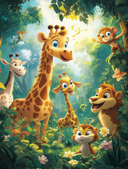 Wall Mural - A giraffe, a lion and a cat are standing in a jungle. The lion is smiling and the cat is looking at the camera