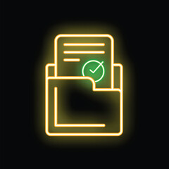 Poster - Glowing neon line icon of a document with a green check mark in a folder, symbolizing validation