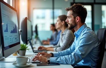 Poster - Team of people work at computers in office. Men, women use laptops, monitors in tech business office. Workers focused on data analysis, use computer devices. Look at charts, graphs on screen. Modern