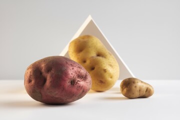 Poster - Three potatoes of varying sizes and colors rest on a white surface, with a white triangular form in the background.