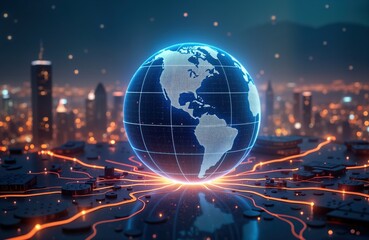 Poster - Global digital tech innovation concept. World globe in 5G tech network. Futuristic cityscape background. Disruptive partners connect. Innovation, global partnership. Blockchain tech, digital