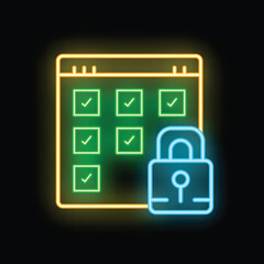 Poster - Bright neon icon of a secure website with check marks and a padlock glowing on a dark background