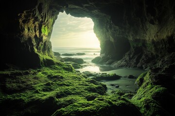 Poster - A cave opens to the ocean, with sunlight filtering through the entrance, highlighting the lush green moss and vegetation covering the cave walls.