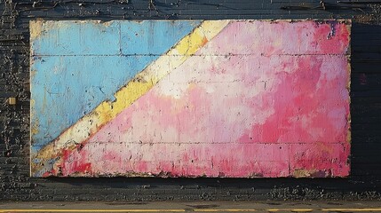 Wall Mural - A large, weathered mural featuring abstract geometric shapes in blue, yellow, and pink hues.