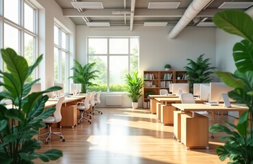 Leinwandbilder - Bright modern office space features numerous desks, chairs. Sunlight streams through large windows greenery outdoors. Plants inside add fresh, calm ambiance. Empty desks imply peaceful workday