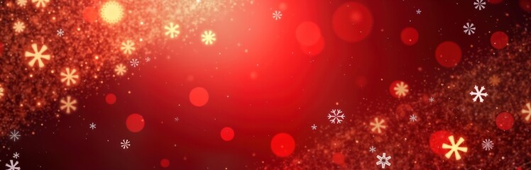 Aufkleber - Vibrant red background with festive elements. Sparkling glitter, bokeh lights create magical atmosphere. Ideal for Christmas New Year celebrations. Festive design with snowflakes, lights. Warm,