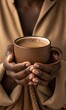 © Diana - A close-up of a person with deep skin tone holding a mocha mousse-colored ceramic coffee cup, radiating warmth and comfort. Ideal for lifestyle, cozy moments, and beverage themes.