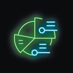 Poster - Green and blue neon style icon of a pie chart glowing on black background