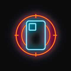 Poster - Glowing neon sign representing smartphone being targeted in crosshair, on black background, concept for cyber security