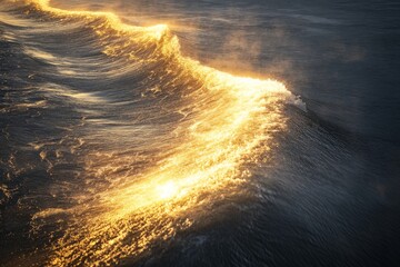 Poster - A breathtaking photograph of a golden wave, glistening under the warm glow of the setting sun, capturing the dynamic beauty of ocean waves in mesmerizing detail.