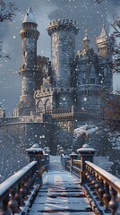 winter fairy tale castle illustration.