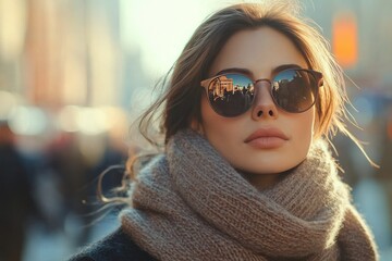 Wall Mural - Young woman in sunglasses and scarf enjoys city life during a busy afternoon