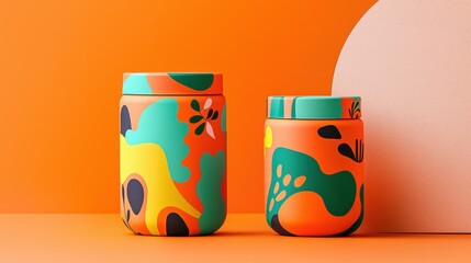 Poster - Vibrant Abstract Floral Vase Containers on Orange Background