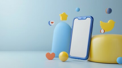 Poster - Colorful abstract geometric shapes and smartphone mockup on minimalist blue and yellow studio background