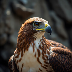 Majestic hawk with striking brown plumage and bold yellow beak posed against a natural backdrop
