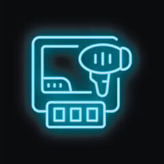 Poster - Glowing neon icon of a voice recording software interface with a microphone, representing the concept of podcasting
