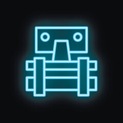 Poster - Blue neon sign of a robot holding a package, symbolizing automated delivery services and the future of logistics