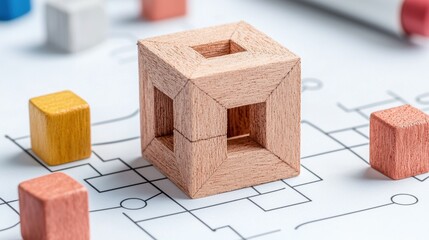 Poster - Minimalist Wooden Geometric Cube Composition on Grid Background