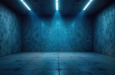 Poster - Empty futuristic indoor space with blue lighting. Concrete walls, floor create modern, industrial look. Suitable for product displays, text overlays. Scene evokes minimalist style. Studio rendering