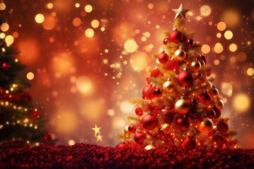Poster - Decorated Christmas tree surrounded by twinkling bokeh lights and festive ornaments, creating a magical holiday scene on a red background