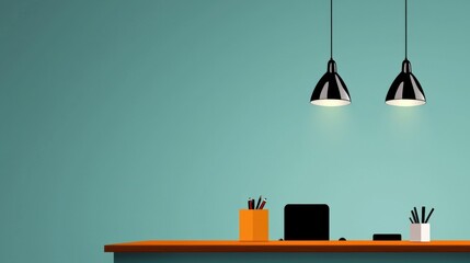 Poster - Minimalist Modern Workspace with Laptop and Office Supplies on Wooden Desk
