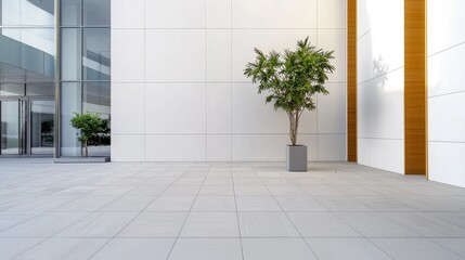 Poster - Spacious and Luxurious Modern Interior Hallway with Glass Walls and Lush Greenery Plant Decor