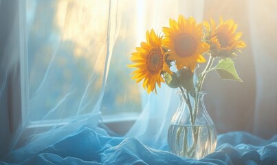 Canvas Print - A vase of sunflowers sits on a blue cloth