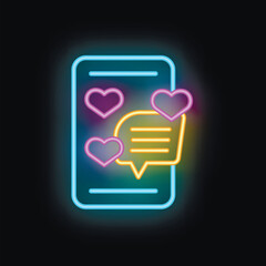 Poster - Vibrant neon illustration featuring a smartphone with a speech bubble and hearts, symbolizing online dating and romantic communication